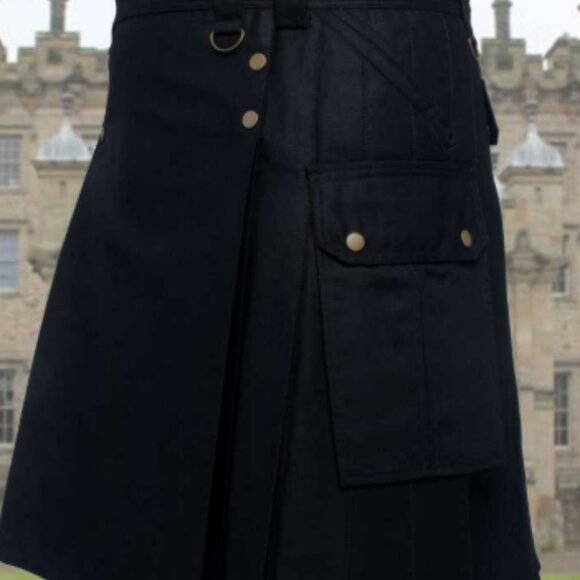 Scottish Men Highlander Kilt Black Men Cotton kilt With 6 pockets NEW - Picture 3 of 6